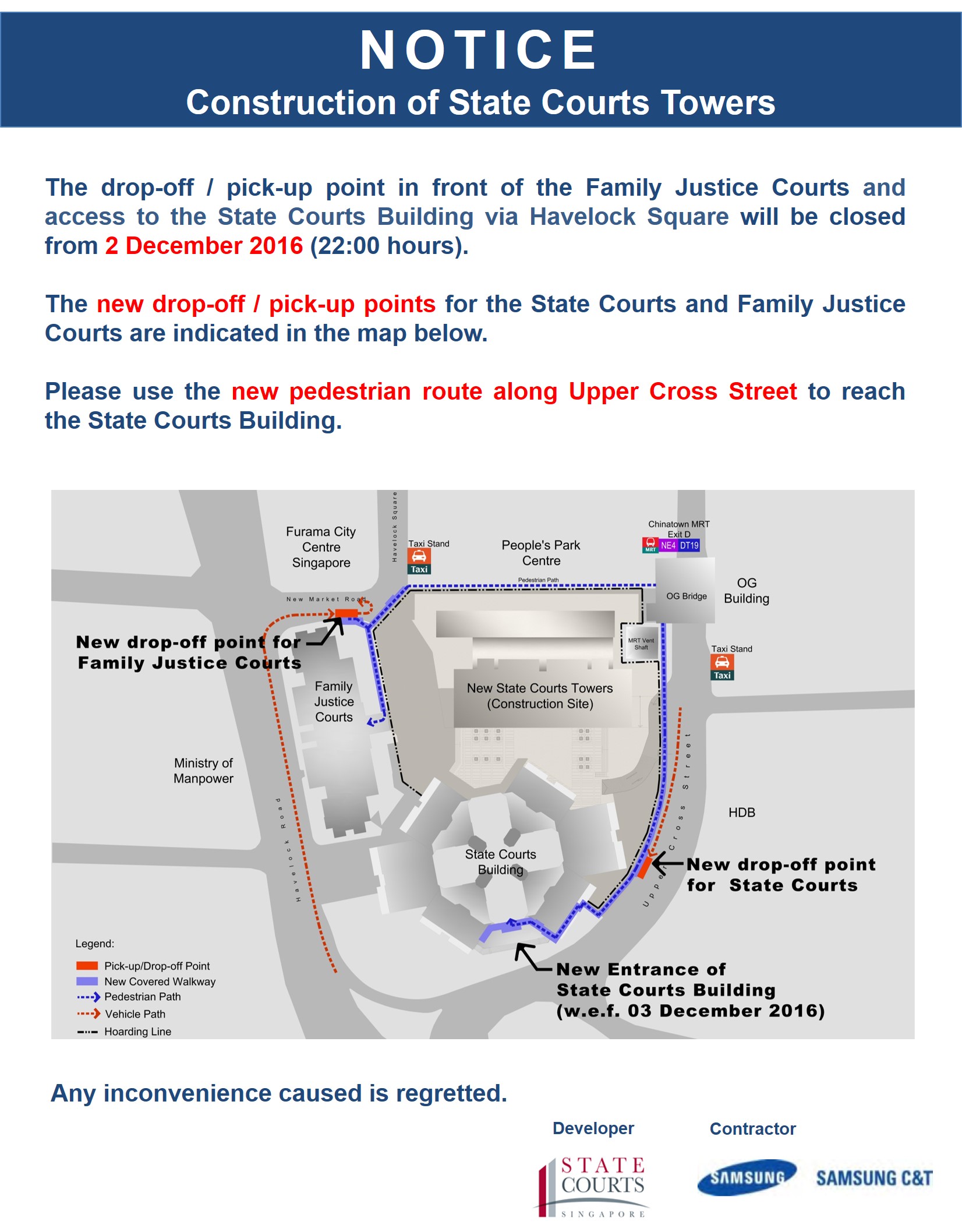 Relocation of State Courts building entrance notice